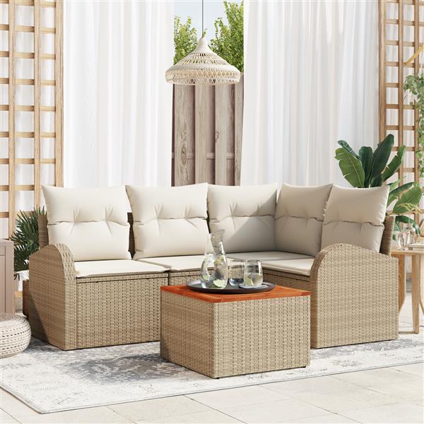 Grote foto vidaxl 5 delige tuinset met kussens in beige poly rattan en acacia tuin en terras tuinmeubelen