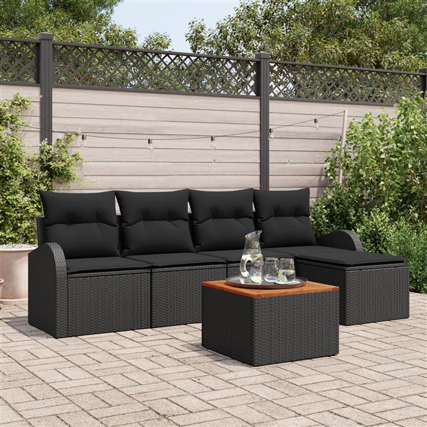 Grote foto vidaxl 6 delige tuinsofa set met kussens zwart poly riet acacia tuin en terras tuinmeubelen