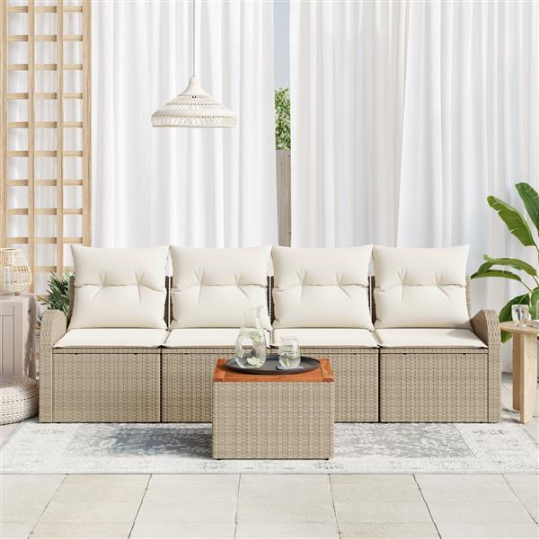 Grote foto vidaxl 5 delige tuinset met kussens in beige van poly rattan en acacia tuin en terras tuinmeubelen