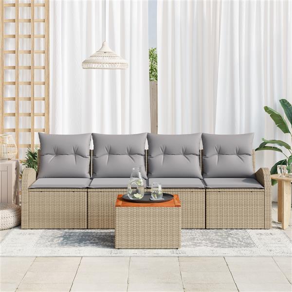 Grote foto vidaxl 5 delige tuinbankset met kussens in beige poly rattan en acacia tuin en terras tuinmeubelen
