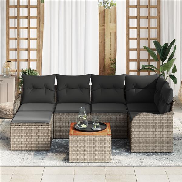 Grote foto vidaxl 7 delige tuinbankenset met kussens poly rattan acacia grijs tuin en terras tuinmeubelen