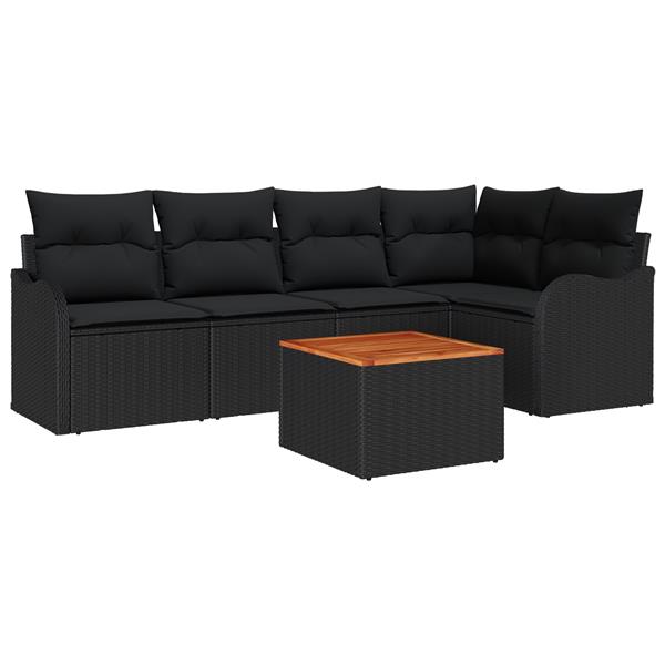 Grote foto vidaxl 6 delige tuinbankenset met kussens poly rattan acacia zwart tuin en terras tuinmeubelen