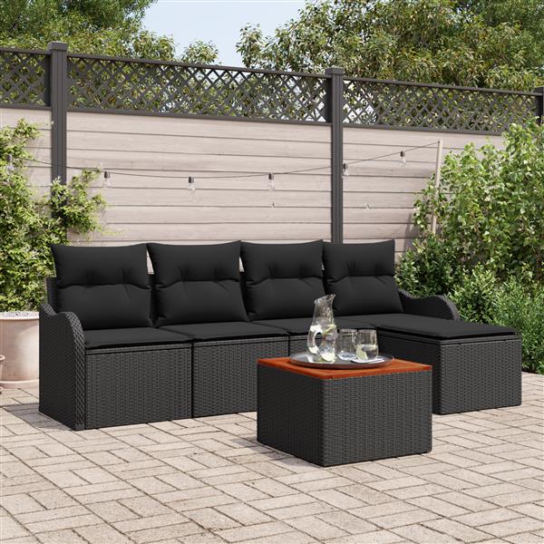 Grote foto vidaxl 6 delige tuinsofa set met kussens zwart poly rattan en acaciahout tuin en terras tuinmeubelen