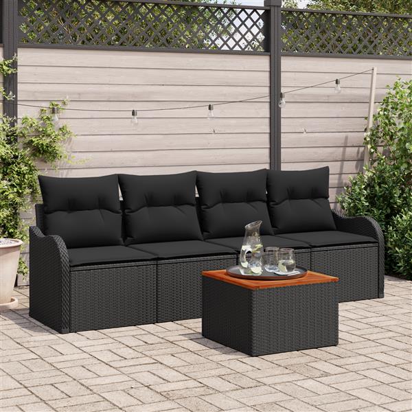 Grote foto vidaxl 5 delige tuinset met kussens zwart poly riet acacia tuin en terras tuinmeubelen