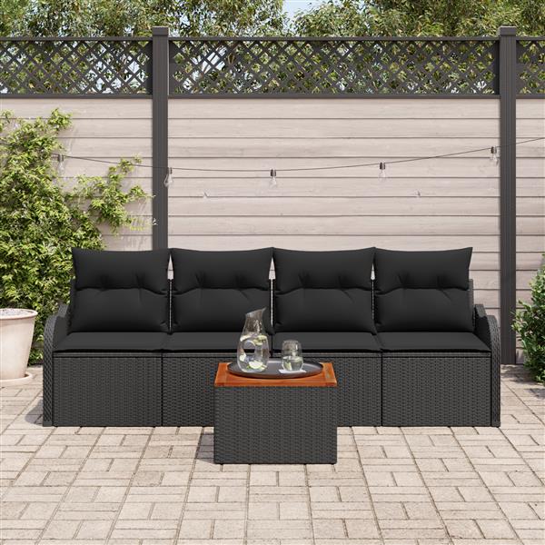 Grote foto vidaxl 5 delige tuinset met kussens zwart poly riet acacia tuin en terras tuinmeubelen