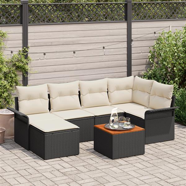 Grote foto vidaxl 7 delige tuinbankenset met kussens poly rattan acacia zwart tuin en terras tuinmeubelen