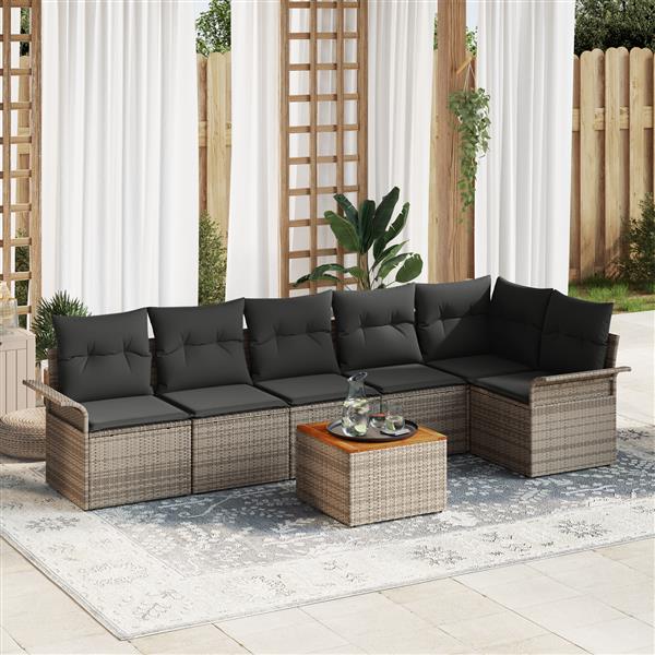 Grote foto vidaxl 7 delige tuinset met kussens in grijs poly rattan en acacia tuin en terras tuinmeubelen
