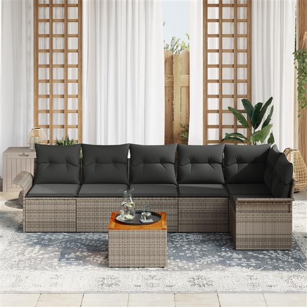 Grote foto vidaxl 7 delige tuinset met kussens in grijs poly rattan en acacia tuin en terras tuinmeubelen