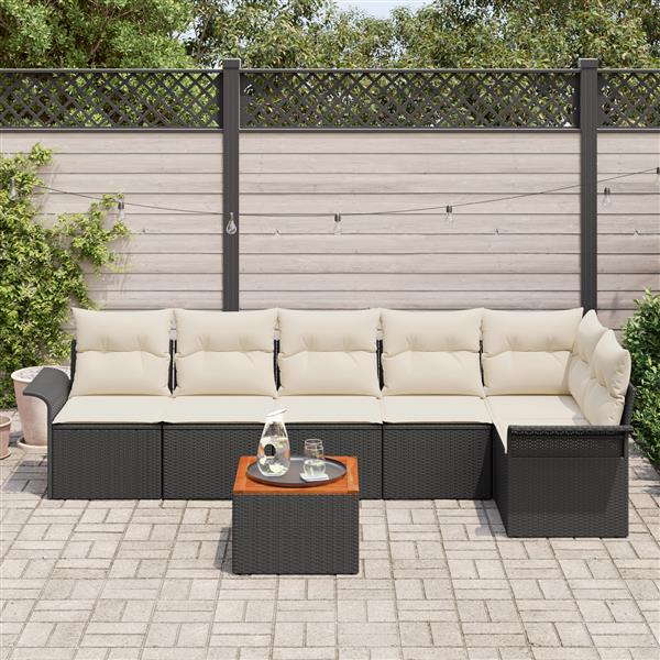Grote foto vidaxl 7 delige tuinset met kussens zwart poly riet acacia tuin en terras tuinmeubelen