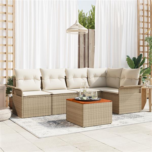 Grote foto vidaxl 6 delige tuinbankenset met kussens poly rattan acacia beige tuin en terras tuinmeubelen