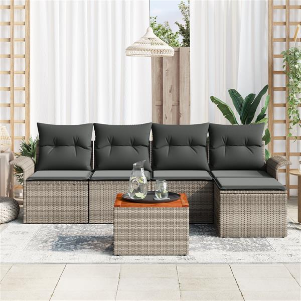 Grote foto vidaxl 6 delige tuinbankenset met kussens poly rattan acacia grijs tuin en terras tuinmeubelen
