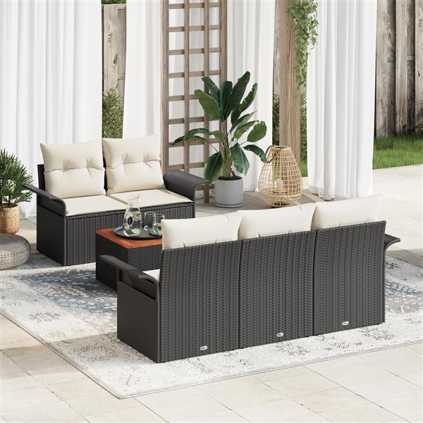 Grote foto vidaxl 6 delige tuinset met kussens in zwart poly rattan en acacia tuin en terras tuinmeubelen