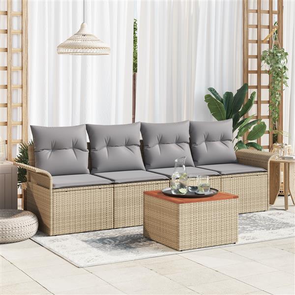 Grote foto vidaxl 5 delige tuinset met kussens in beige poly rattan en acacia tuin en terras tuinmeubelen
