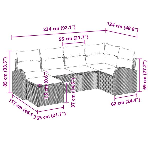 Grote foto vidaxl 6 delige tuinset met kussens in grijs poly rattan tuin en terras tuinmeubelen