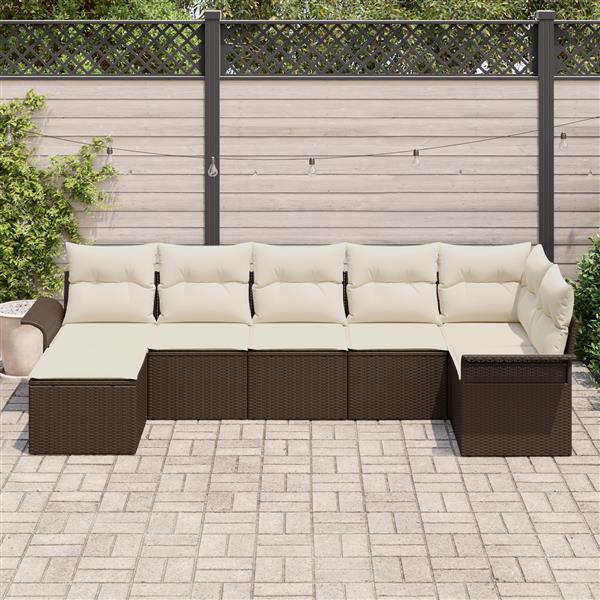 Grote foto vidaxl 7 delige tuinbankenset met kussens poly rattan bruin tuin en terras tuinmeubelen
