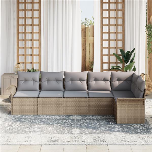 Grote foto vidaxl 6 delige tuinbankenset met kussens poly rattan beige tuin en terras tuinmeubelen