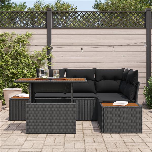 Grote foto vidaxl 5 delige tuinset met kussens zwart poly rattan en acacia tuin en terras tuinmeubelen