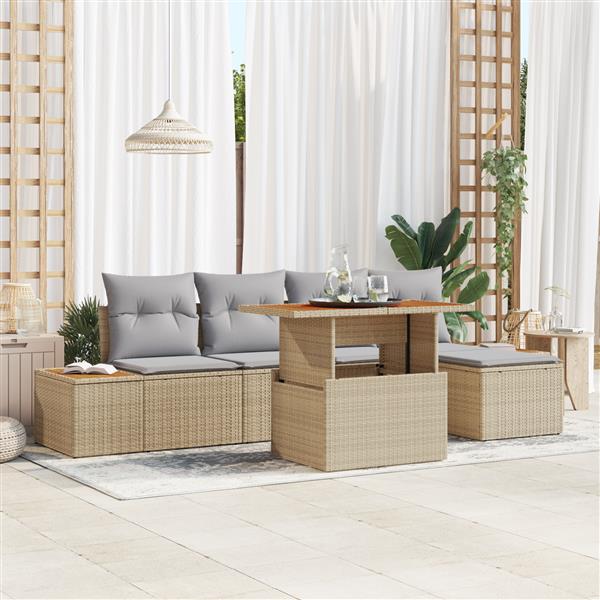 Grote foto vidaxl 6 delige tuinset met kussens poly rattan acaciahout beige tuin en terras tuinmeubelen