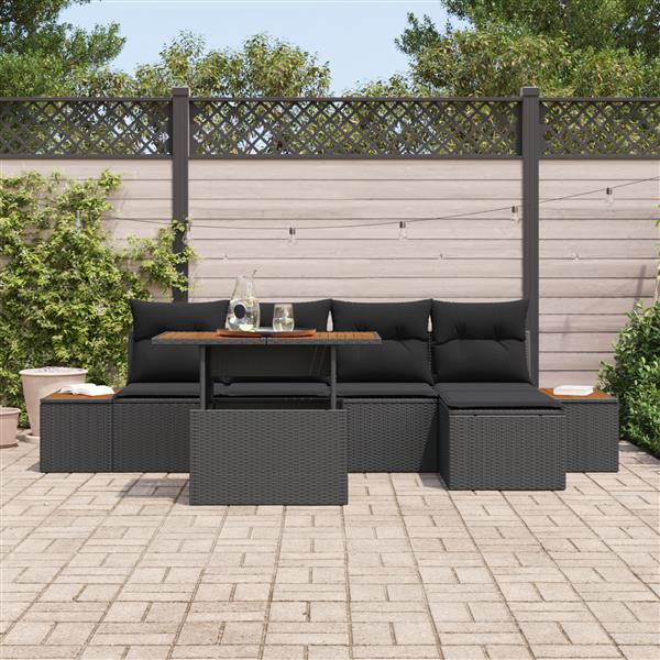 Grote foto vidaxl 6 delige tuin eettafel set met kussens zwart poly rattan acacia tuin en terras tuinmeubelen