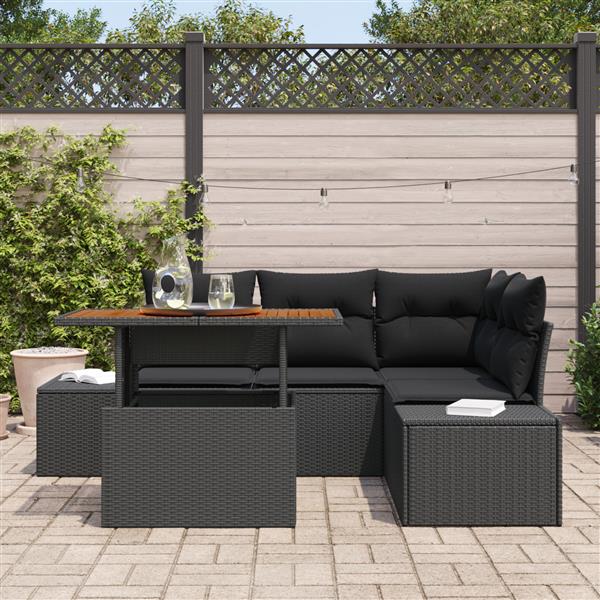 Grote foto vidaxl 5 delige tuinset met kussens poly rattan acaciahout zwart tuin en terras tuinmeubelen