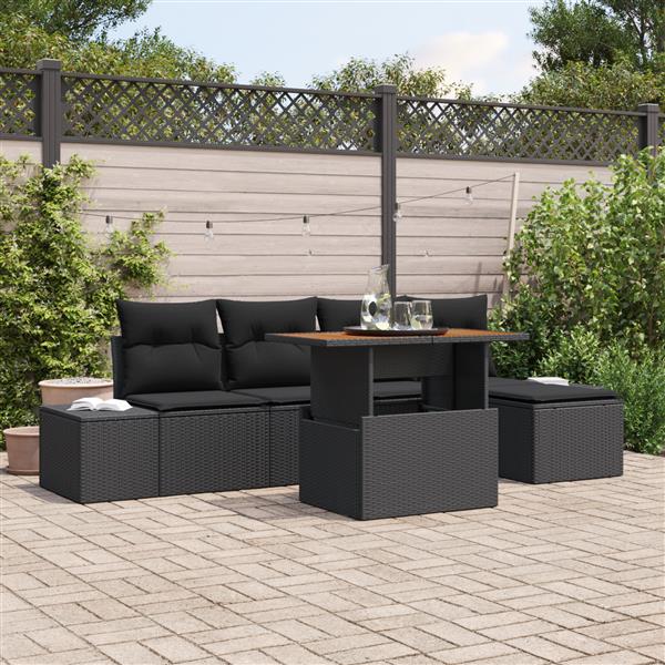 Grote foto vidaxl 6 delige tuinset met kussens poly rattan acaciahout zwart tuin en terras tuinmeubelen