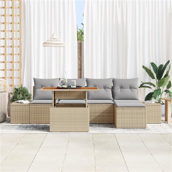 Grote foto vidaxl 6 delige tuinset met kussens beige poly rattan en acacia tuin en terras tuinmeubelen