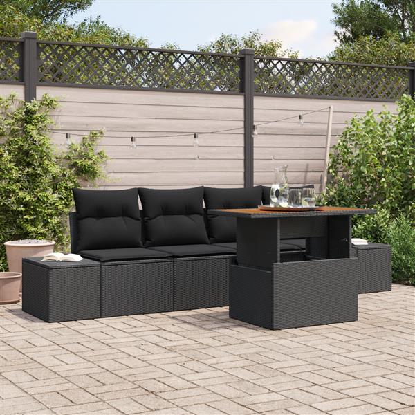 Grote foto vidaxl 5 delige tuinset met kussens poly rattan acaciahout zwart tuin en terras tuinmeubelen