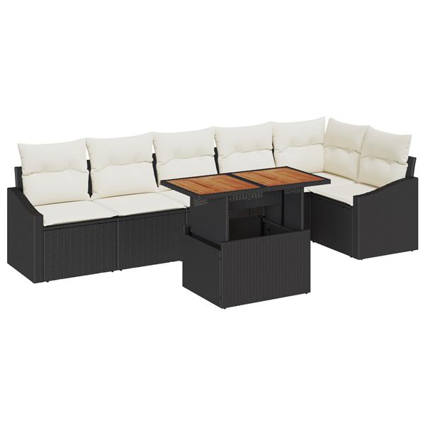 Grote foto vidaxl 7 delige tuinset met kussens poly rattan acaciahout zwart tuin en terras tuinmeubelen