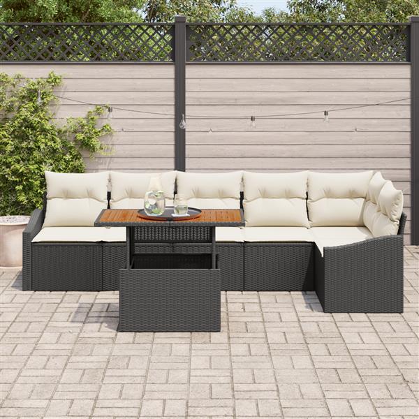 Grote foto vidaxl 7 delige tuinset met kussens poly rattan acaciahout zwart tuin en terras tuinmeubelen