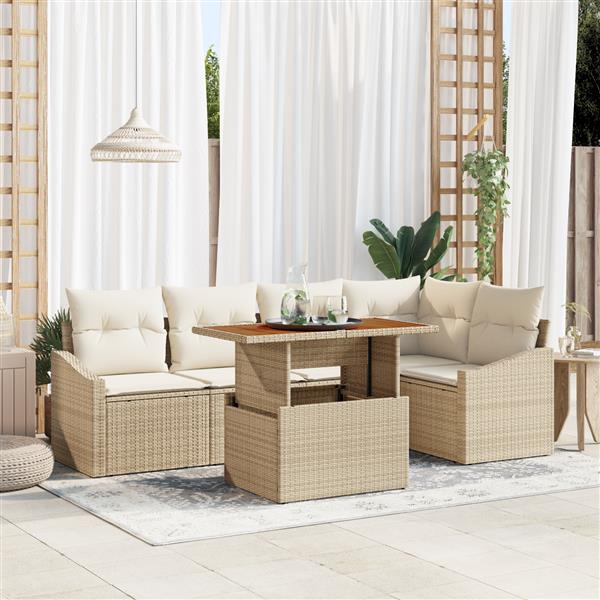 Grote foto vidaxl 6 delige eetset voor buiten met kussens in beige poly rattan en acacia tuin en terras tuinmeubelen