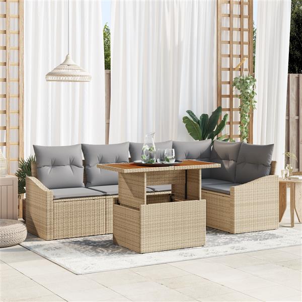 Grote foto vidaxl 6 delige tuinset met kussens beige poly rattan en acaciahout tuin en terras tuinmeubelen