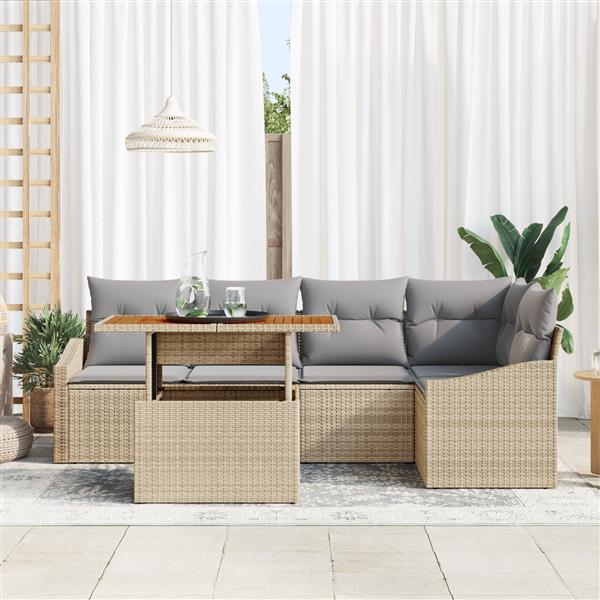 Grote foto vidaxl 6 delige tuinset met kussens beige poly rattan en acaciahout tuin en terras tuinmeubelen