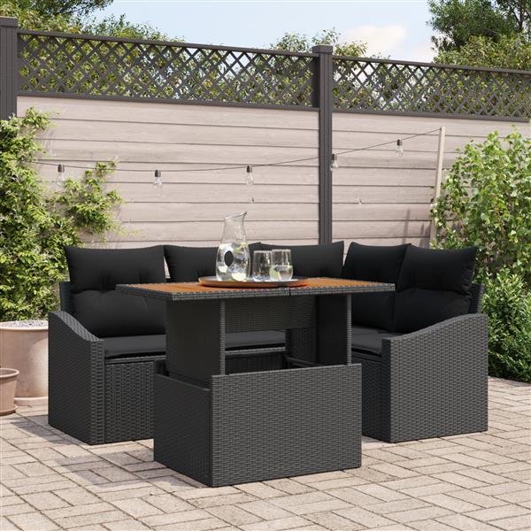 Grote foto vidaxl 5 delige tuinset met kussens poly rattan acaciahout zwart tuin en terras tuinmeubelen