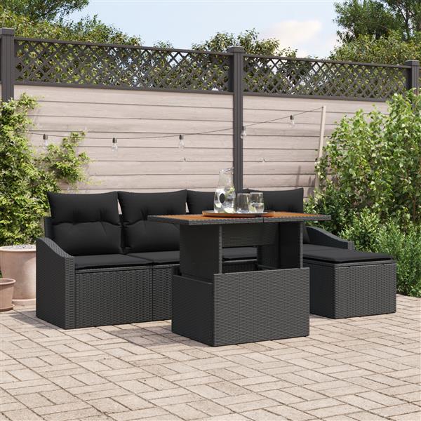 Grote foto vidaxl 6 delige tuinset met kussens zwart poly rattan acacia tuin en terras tuinmeubelen