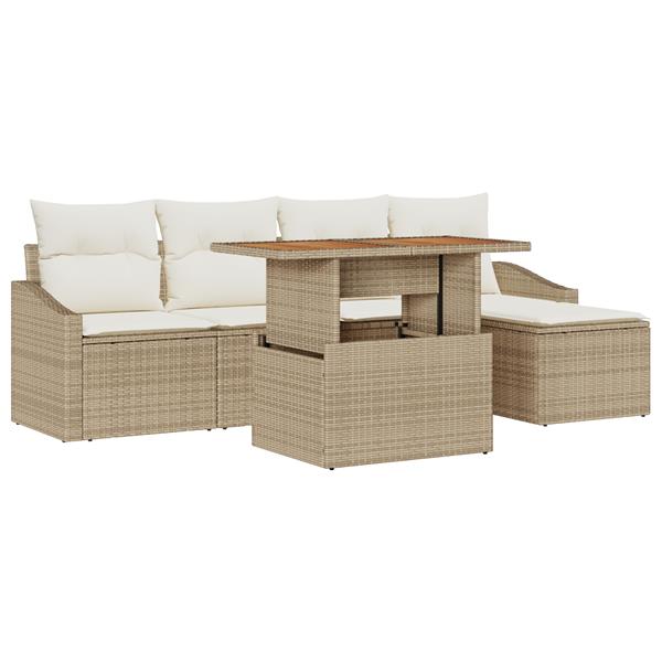 Grote foto vidaxl 6 delige tuinset met kussens in beige poly rattan en acacia tuin en terras tuinmeubelen