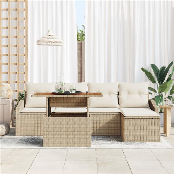 Grote foto vidaxl 6 delige tuinset met kussens in beige poly rattan en acacia tuin en terras tuinmeubelen