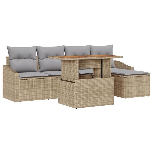 Grote foto vidaxl 6 delige tuinset met kussens in beige poly rattan en acacia tuin en terras tuinmeubelen