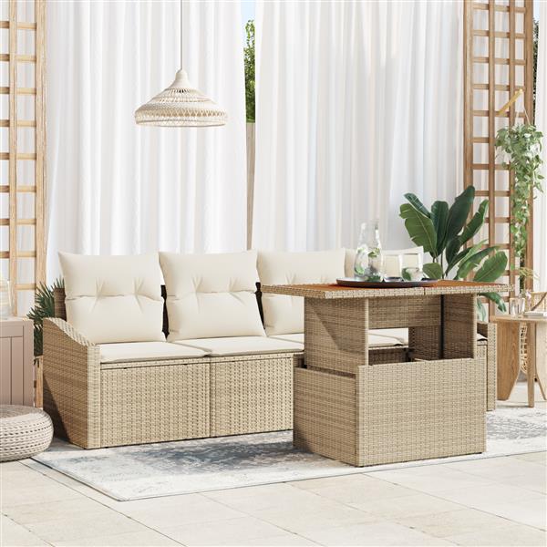 Grote foto vidaxl 5 delige tuinset met kussens in beige poly riet en acacia tuin en terras tuinmeubelen