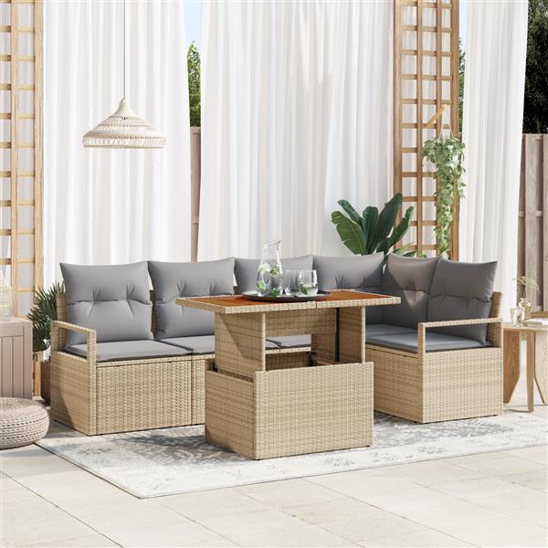 Grote foto vidaxl 6 delige tuinsofa set met kussens in beige van poly rattan en acacia tuin en terras tuinmeubelen