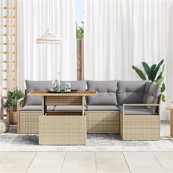 Grote foto vidaxl 6 delige tuinsofa set met kussens in beige van poly rattan en acacia tuin en terras tuinmeubelen