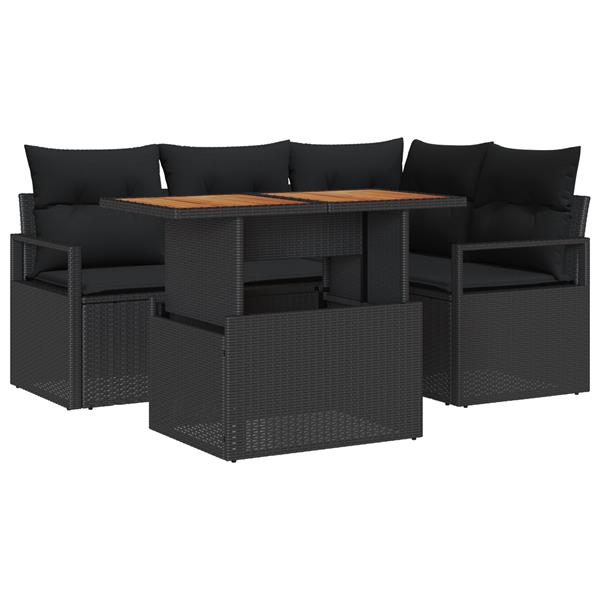 Grote foto vidaxl 5 delige tuinbankenset met kussens poly rattan acacia zwart tuin en terras tuinmeubelen