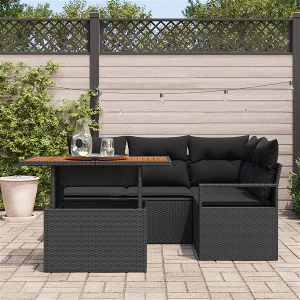Grote foto vidaxl 5 delige tuinbankenset met kussens poly rattan acacia zwart tuin en terras tuinmeubelen
