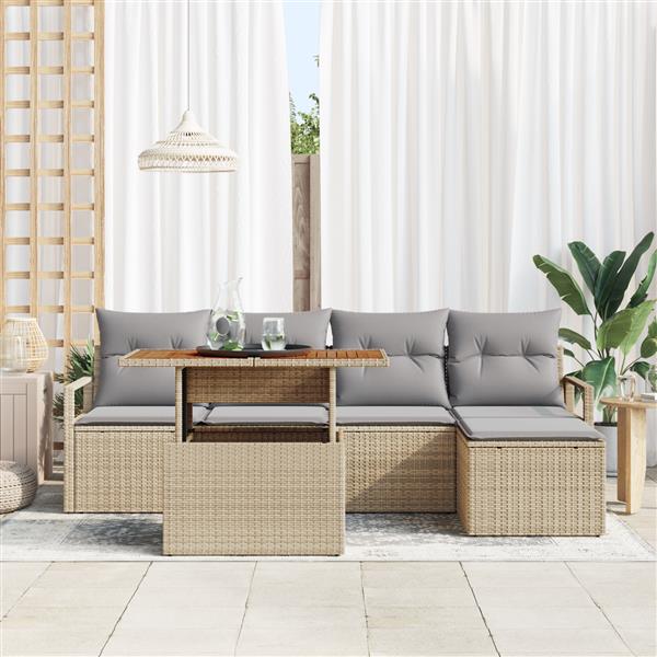Grote foto vidaxl 6 delige tuinbankenset met kussens poly rattan acacia beige tuin en terras tuinmeubelen
