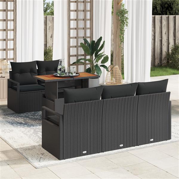 Grote foto vidaxl 6 delige tuinbankenset met kussens poly rattan acacia zwart tuin en terras tuinmeubelen