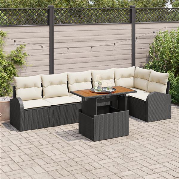 Grote foto vidaxl 7 delige tuinset met kussens zwart poly rattan en acaciahout tuin en terras tuinmeubelen