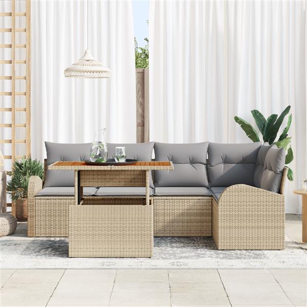 Grote foto vidaxl 6 delige tuinset met kussens beige poly rattan en acaciahout tuin en terras tuinmeubelen