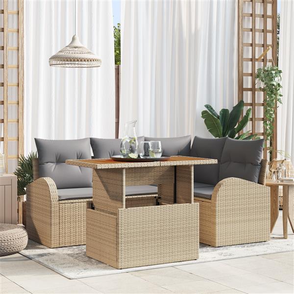 Grote foto vidaxl 5 delige tuinset met kussens in beige van poly rattan en acacia tuin en terras tuinmeubelen