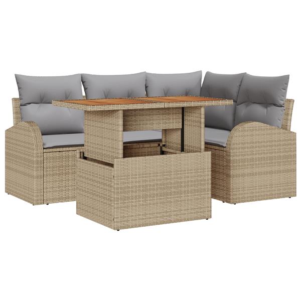 Grote foto vidaxl 5 delige tuinset met kussens in beige van poly rattan en acacia tuin en terras tuinmeubelen