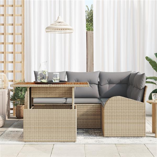 Grote foto vidaxl 5 delige tuinset met kussens in beige van poly rattan en acacia tuin en terras tuinmeubelen