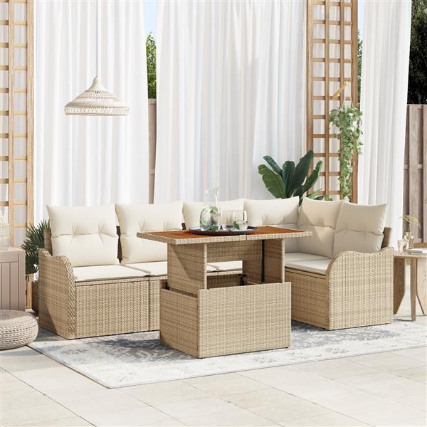 Grote foto vidaxl 6 delige tuinsofa set met kussens in beige van poly rattan en acacia tuin en terras tuinmeubelen